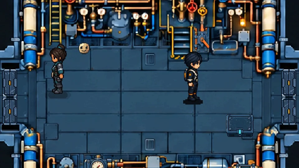 Two people in an engineering room filled with pipes, valves, tanks and instruments.